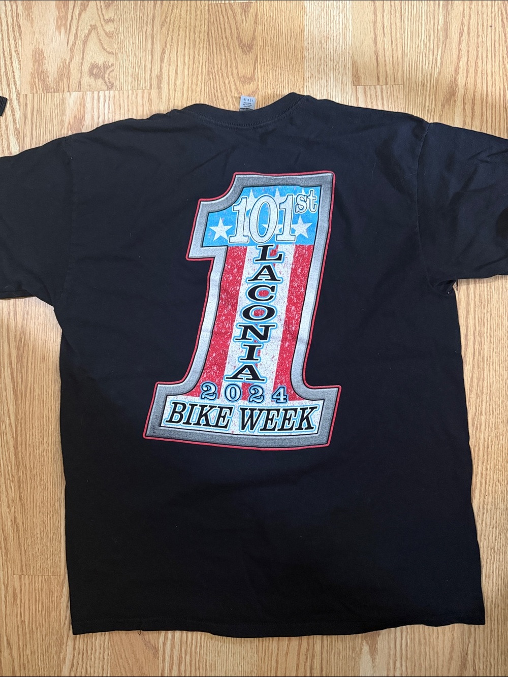 Hanes Black T-Shirt with Red and Blue Graphic - Laconia Bike Week 2024